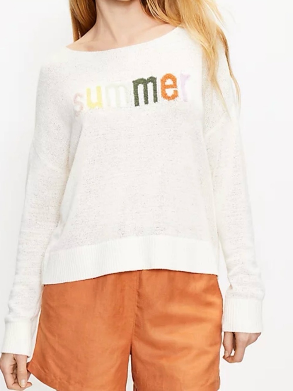 LOFT Lightweight Pullover Cream Crewneck Sweater w/Multicolor 'summer' Graphic